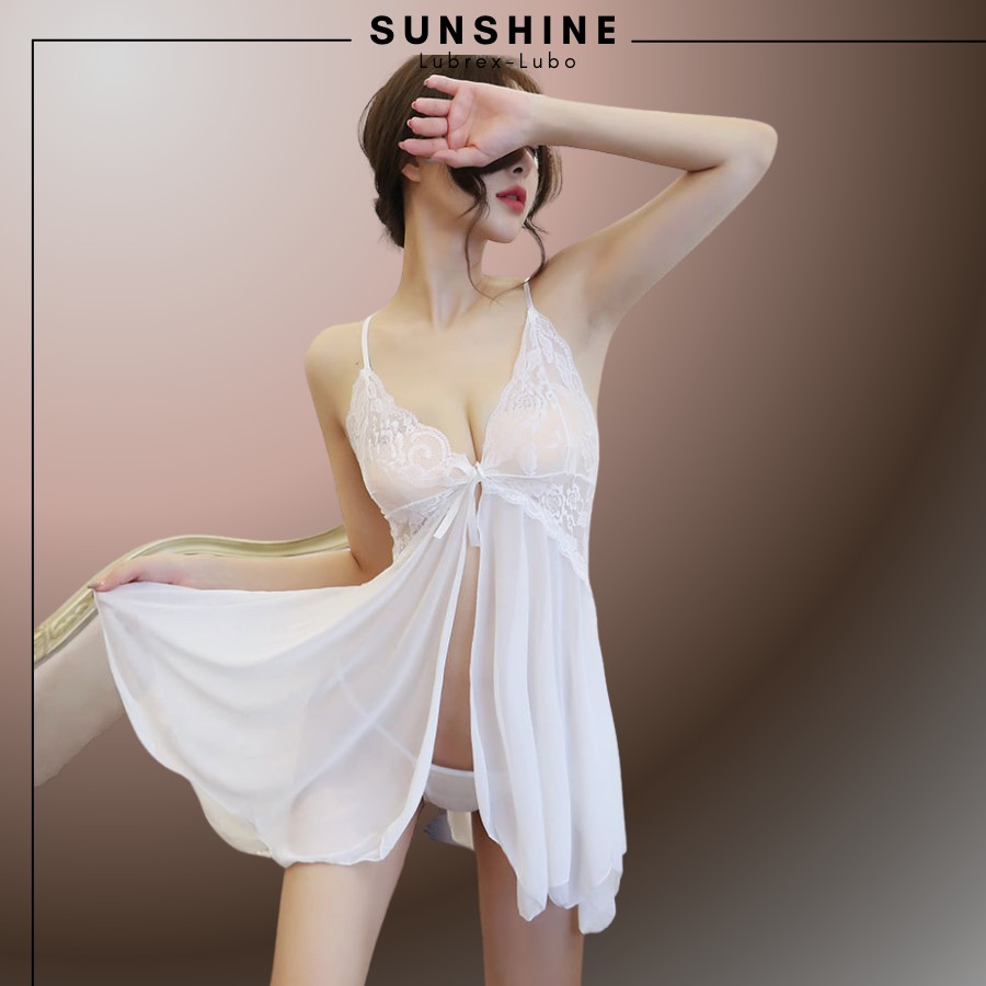 Váy ngủ sexy gợi cảm 2 dây xuyên thấu màu TRẮNG SUNSHINE LUBREX-LUBO hở trước SX1120