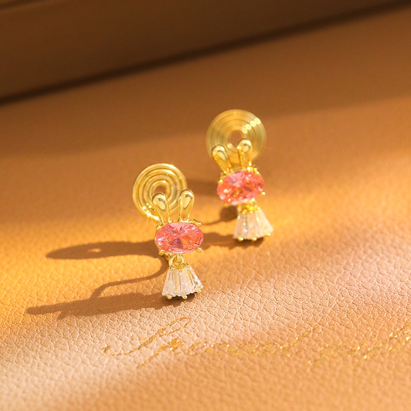 Khuyên tai kẹp JIUDUOLAN bằng bạc zircon pha lê hồng hình thỏ dễ thương không cần xỏ lỗ