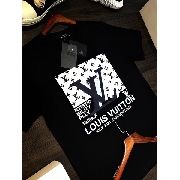 Áo Thun cổ tròn Lv in chữ,Áo Phông tay ngắn Lv mùa hè 2 màu trắng đen thun cotton co giản 4 chiều