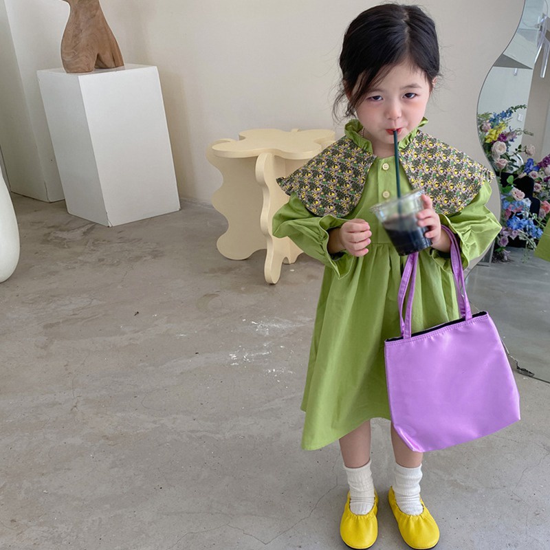 Đầm Công Chúa Tay Dài Cổ Bẻ In Họa Tiết Hoa / Quả Bơ Màu Xanh Lá Thời Trang Mùa Thu Xinh