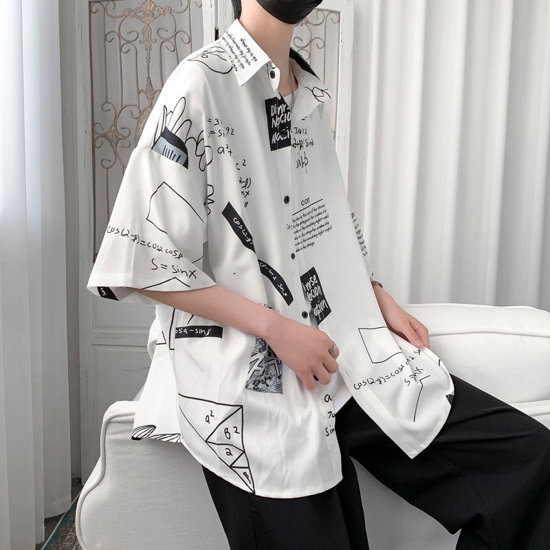 A012 - Áo sơ mi nam nữ hai màu đen trắng họa tiết toán học tay lỡ form rộng, áo khoác ngoài dáng to có túi trẻ trung
