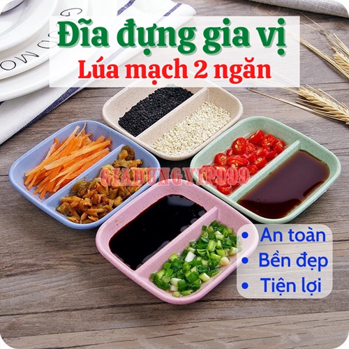 Đĩa gia vị  Đĩa chấm đựng gia vị nước chấm 2 ngăn giá rẻ lúa mạch an toàn cho sức khỏe (giao màu ngẫu nhiên)