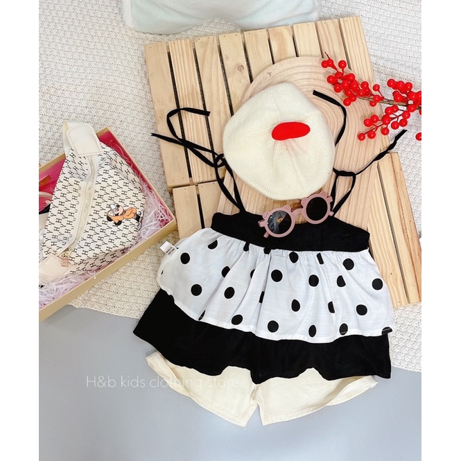 Xả Set áo 2 dây chấm bi quần đũi bé gái