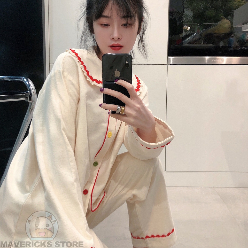 Bộ Đồ Ngủ Tay Dài Cổ Búp Bê Dễ Thương Dành Cho Nữ