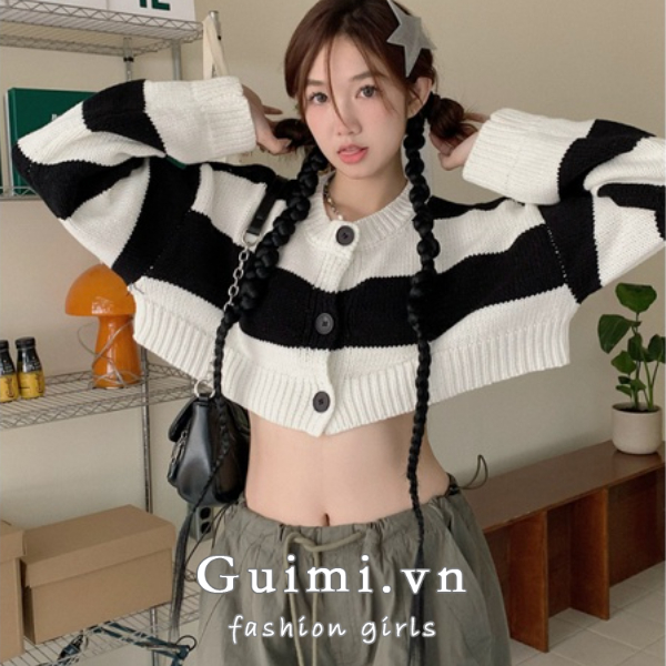 Áo cardigan NZN dệt kim cổ tròn họa tiết kẻ sọc phối nút thời trang mùa thu cho nữ