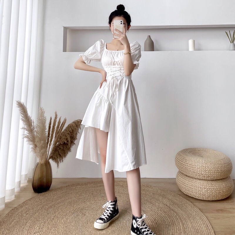 Váy Tiểu Thư Đan Eo Trễ Vai Tầng Lệch Xẻ Tà Siêu Hack Dáng Tôn Eo Chất Thô Mềm 2 Lớp Dày Dặn Siêu Xinh