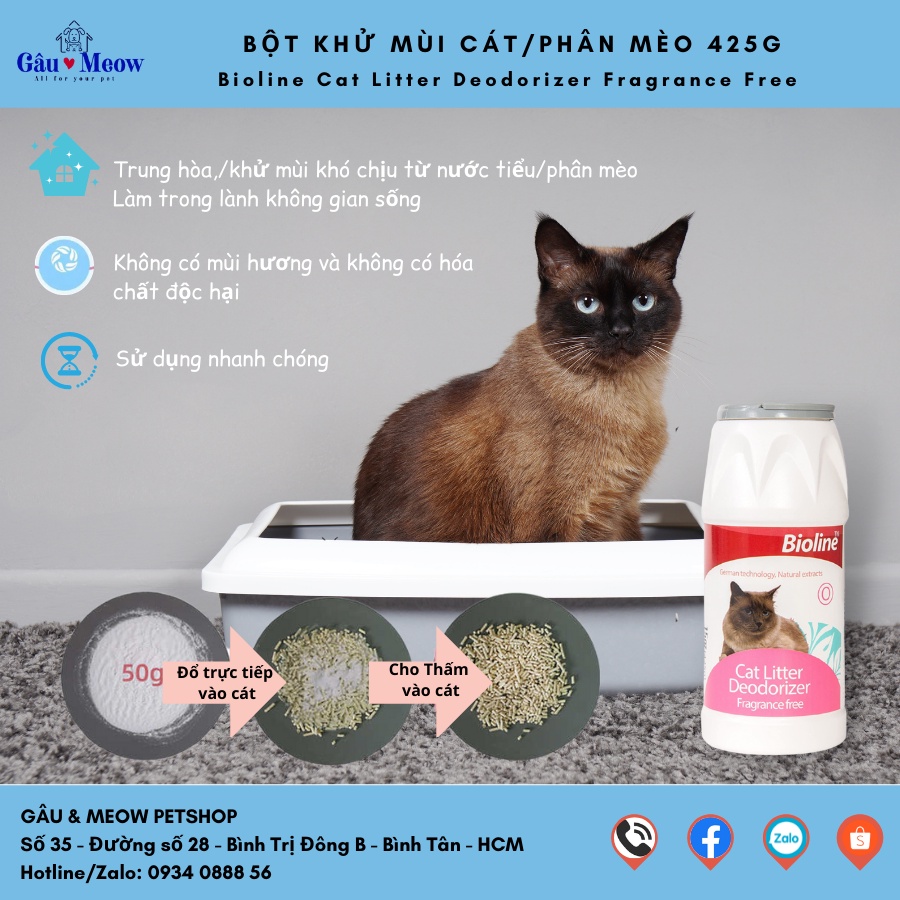Bột khử mùi giúp giảm kiềm mùi phân nước tiểu trong cát vệ sinh mèo Bioline 425g