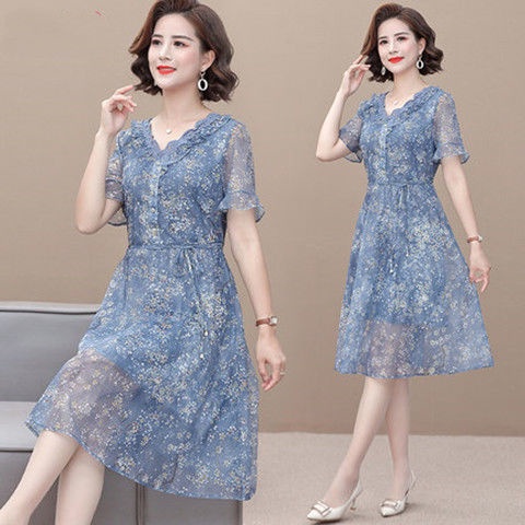 Mom mùa hè kiểu váy tây, váy ngắn tay voan cho phụ nữ trung niên và cao tuổi