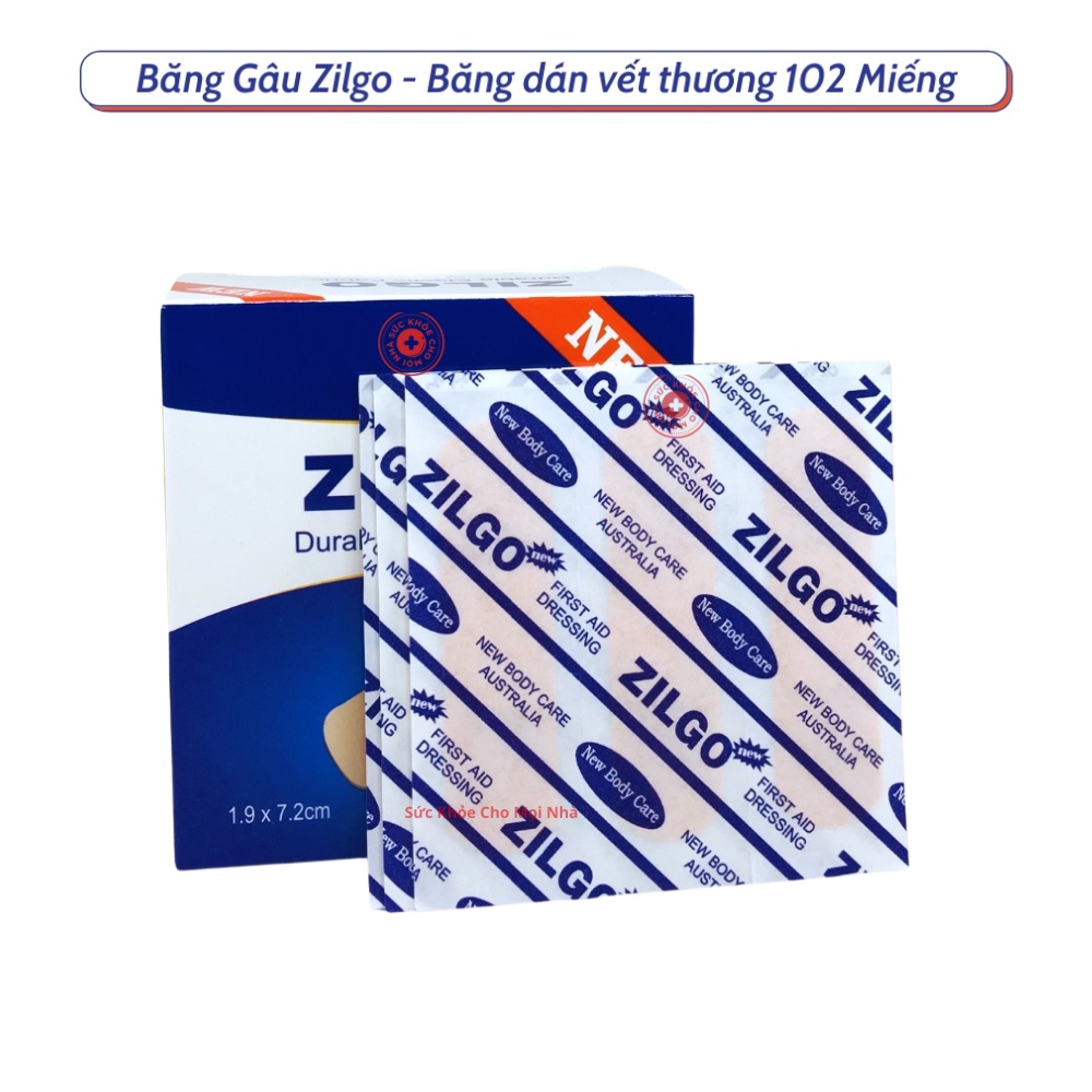 Zilgo. Băng cá nhân y tế miếng dán vết thương trầy trước rách da hộp 102 miếng 1.9 x 7.2 cm