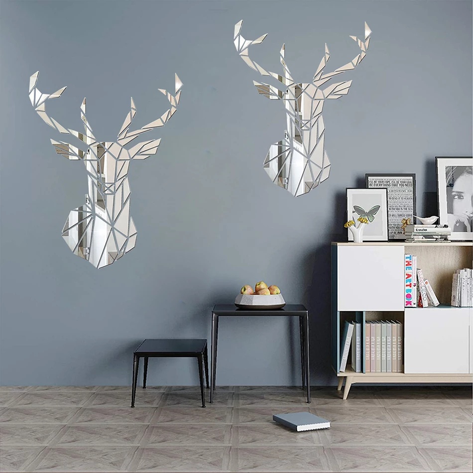 Miếng Dán Tường Trang Trí Hình Đầu Hươu 3D Tráng Gương Acrylic Thời Trang DIY