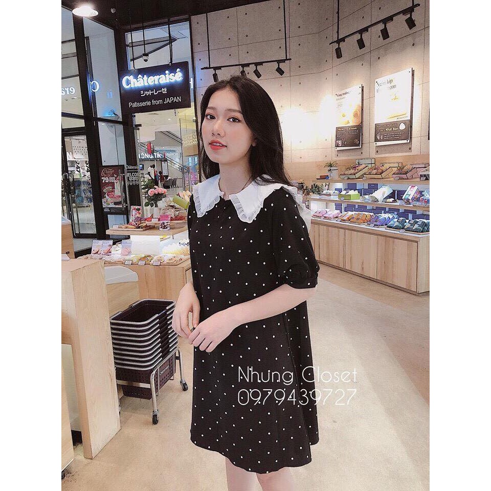 Đầm Nữ Suông Chấm Bi Cổ Bèo Trắng