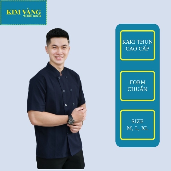 Áo bếp đồng phục tay ngắn chất liệu Kaki thun thoáng mát- Màu xanh đen mẫu 01