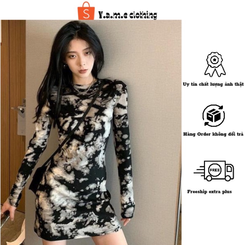 Váy body loang dài tay  dáng ngắn sexy hoạ tiết loang đen trắng hàng Quảng châu