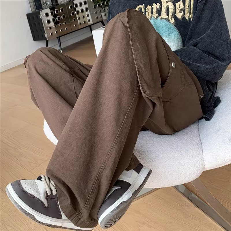 Quần Dài Ống Rộng Lưng Thấp Phối Túi Lớn Phong Cách Hàn Quốc Thời Trang Cho Nam Và Nữ