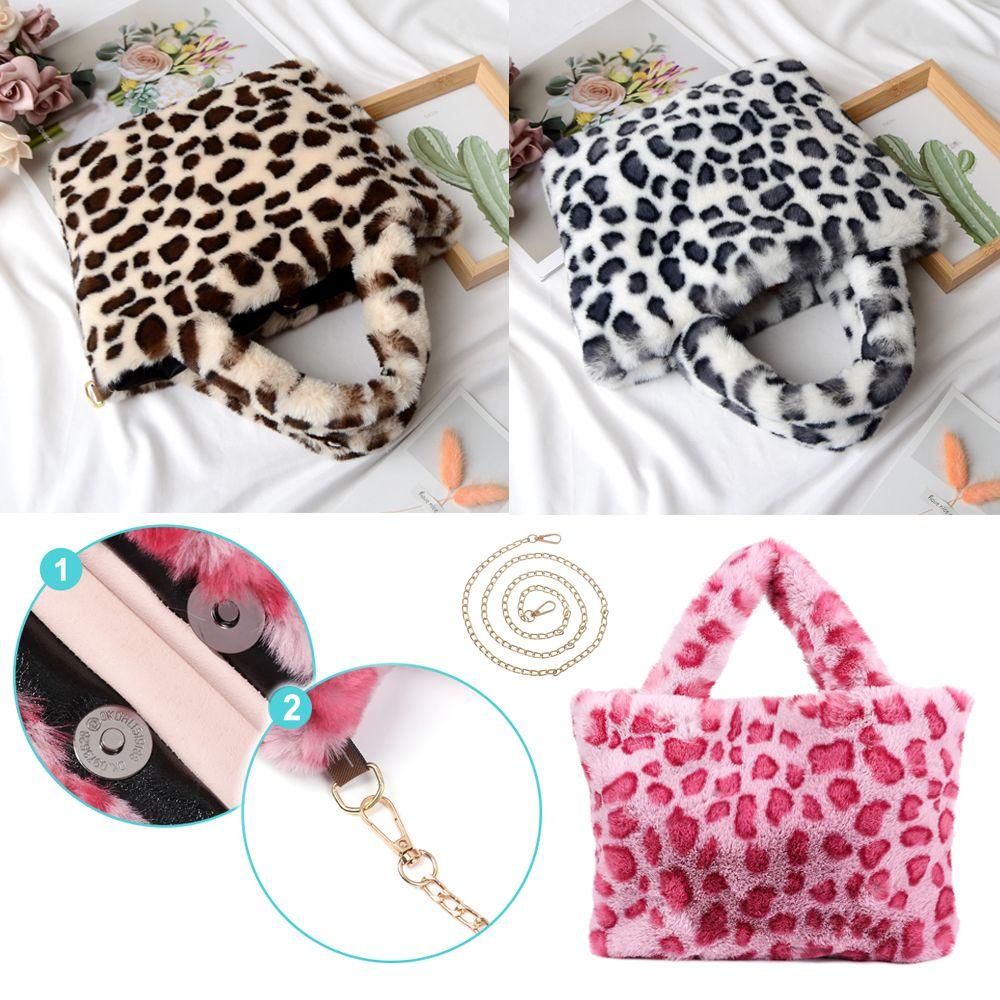 MIHAN1 Túi Xách Lông Nhung Phối Dây Xích Hoạ Tiết Da Báo Thời Trang Mùa Đông