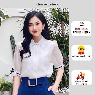 Áo sơ mi trắng, áo kiểu ngắn tay bồng cổ lượn sóng hai lớp tơ hàn nơ tay A335