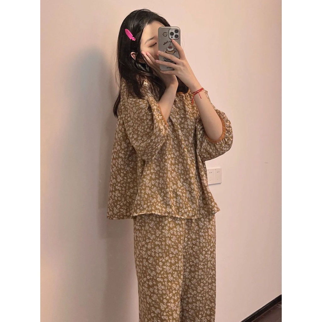 Bộ Đồ Ngủ Dài Tay In Hoa Phong Cách Retro Thu Đông Kiểu Mới