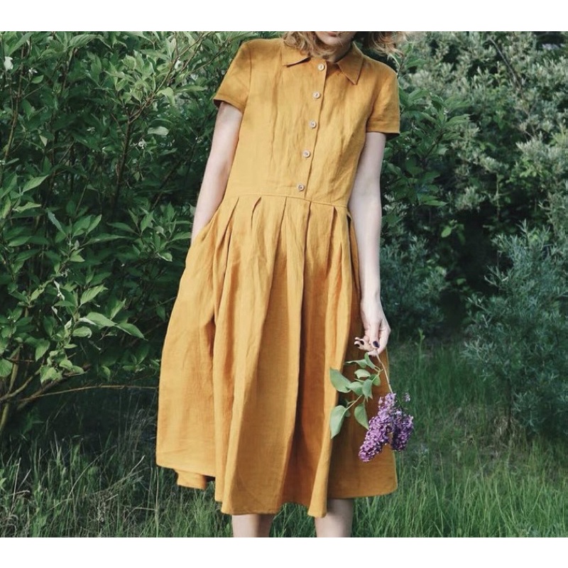 Đầm linen tưng cổ bẻ dáng xoè