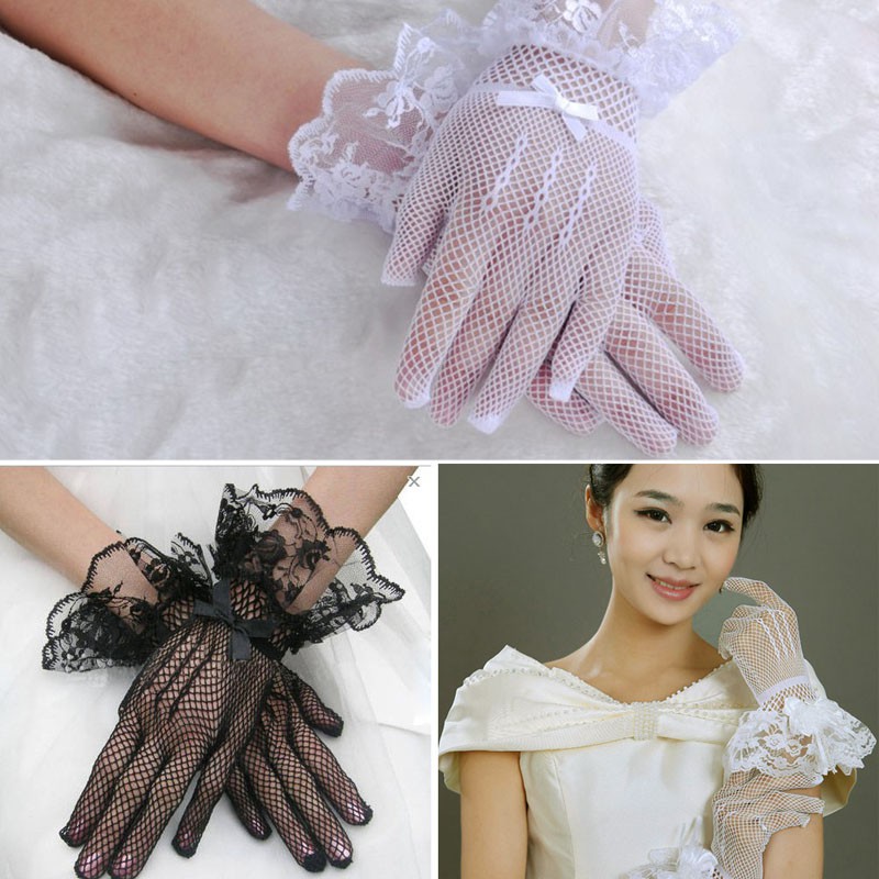 Găng tay lưới xuyên thấu đính nơ thêu họa tiết sang trọng cho cô dâu