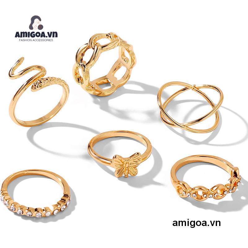 Set 6 Nhẫn Đeo Tay Thiết Kế Đơn Giản Phong Cách Retro Cho Nữ