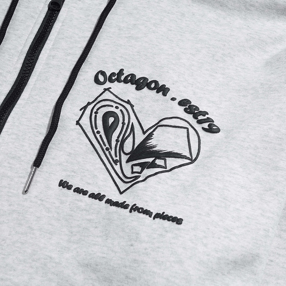 OCTAGON - Áo hoodie unisex HEART PIECES ZIP HOODIE XÁM vải nỉ bông có nón dày dặn
