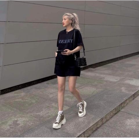 Set thun merry form basic unisex ⚡ Casper.Store | FREESHIP | ⚡ combo áo phông in chữ cổ tròn dáng rộng kèm quần short nữ