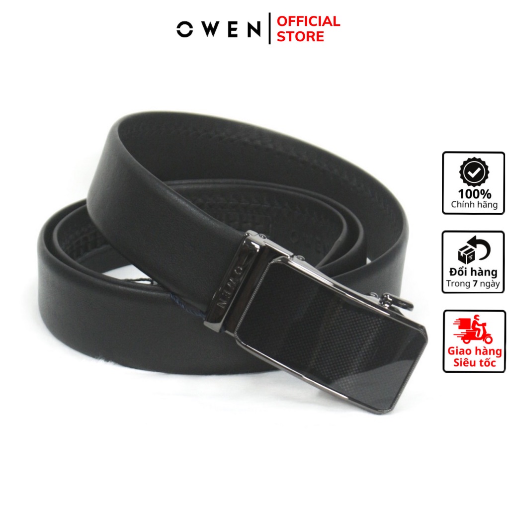 Thắt lưng da bò nam cao cấp OWEN BELT220600 dây nịt da thật màu đen mặt hợp kim đúc nguyên khối khóa trượt tự động