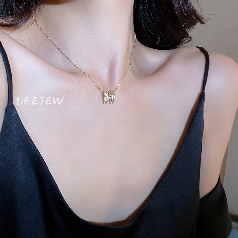 DREJEW Dây chuyền mạ vàng đính đá zircon mặt chữ đơn giản thời trang cao cấp phong cách Hàn Quốc dễ phối đồ