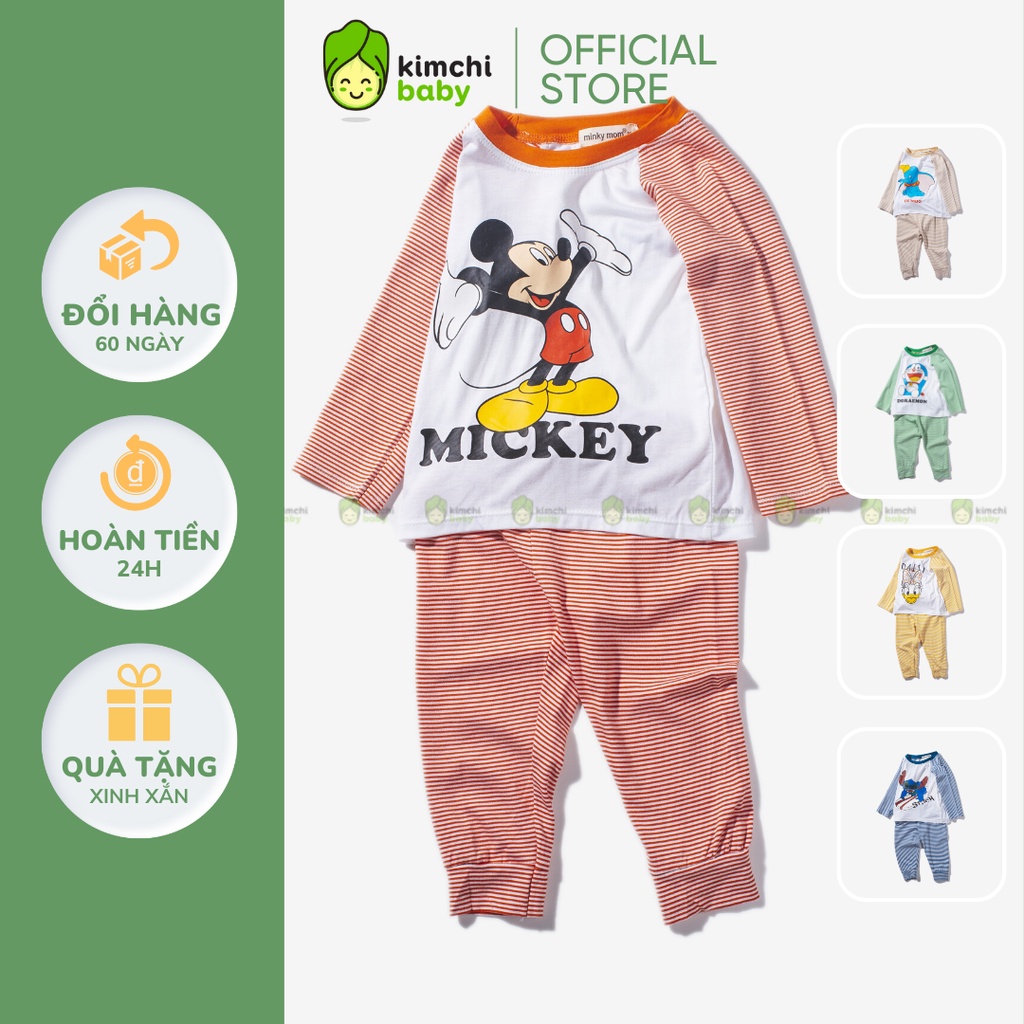 Bộ Thun Lạnh Dài Tay Cho Bé Gái, Bé Trai Minky Mom Hoạ Tiết Mickey Tay Kẻ, Bộ Quần Áo Cho Bé Mặc Nhà Thu Đông MKMTD2209