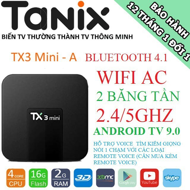 Android TV Box TX3 Mini-A, Wifi 2 băng tần 2.4GHZ/5GHZ, Bluetooth 4.1, Android TV 9 PIE, Ram 2GB, Bộ nhớ trong 16GB 5.0