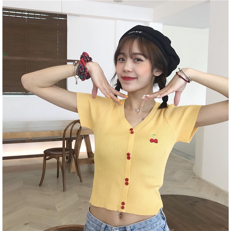 Áo Dệt Kim Ngắn Tay Cổ Chữ V Thêu Họa Tiết Xinh Xắn Dành Cho Nữ