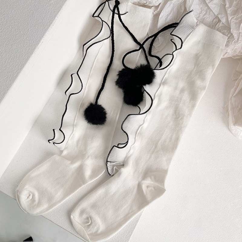 Youyo Vớ Dài Qua Gối Phối Lông Xù Xếp Ly Có Gân Đính Nơ Ngọt Ngào Phong Cách Lolita Cho Bé Gái