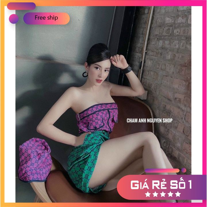 Set đồ nữ áo trễ vai quần short cạp cao xanh mũ kiểu hàn thời trang nữ 2021 cao cấp phong cách FoLo-Fashion