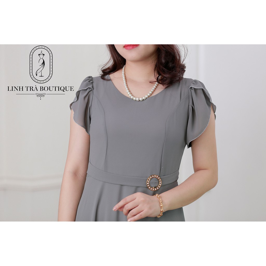 Đầm trung niên cao cấp [LINH TRÀ] (TM 93) đầm voan dáng xòe thiết kế thắt lưng giả đính khuyên