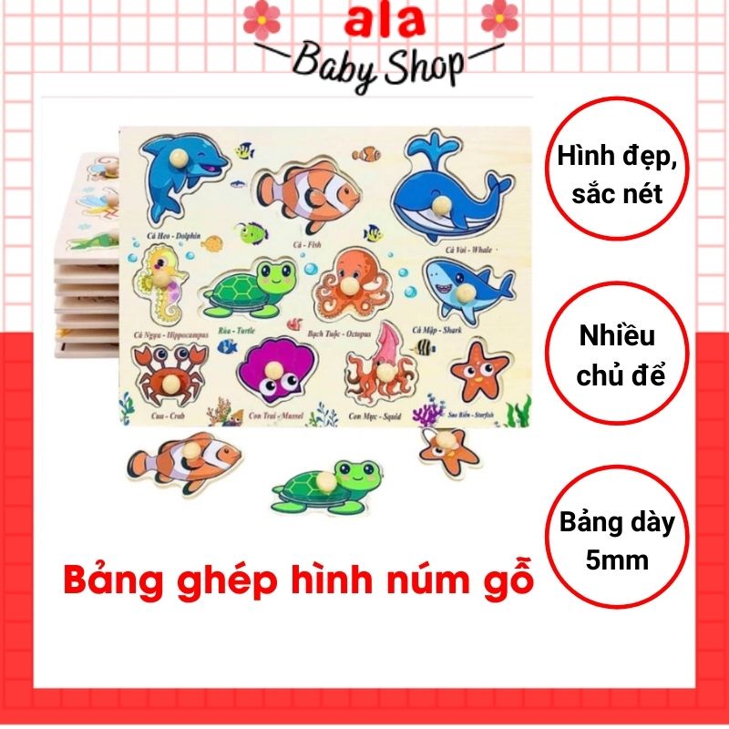 Bảng ghép hình núm gỗ cho bé nhiều chủ đề loại 1 siêu dày đẹp (ALA: 33)