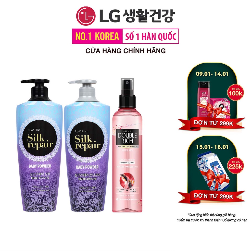 Combo Nước dưỡng tóc Double Rich và Bộ đôi gội xả chăm sóc và nuôi dưỡng tóc Elastine Silk Repair Hương Phấn Em Bé