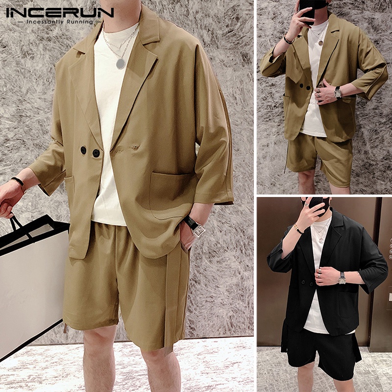 Bộ quần áo INCERUN gồm blazer tay 3/4 + quần short co giãn thời trang Hàn Quốc cho nam