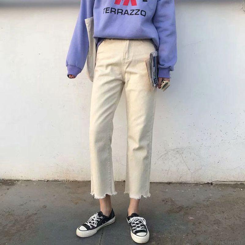 Quần jean ống rộng màu trơn thời trang nữ