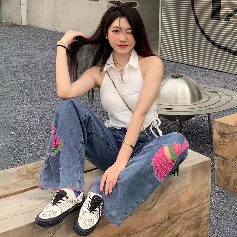 ☢Quần Jeans Nữ Lưng Cao Ống Rộng Rách Gối Cá Tính