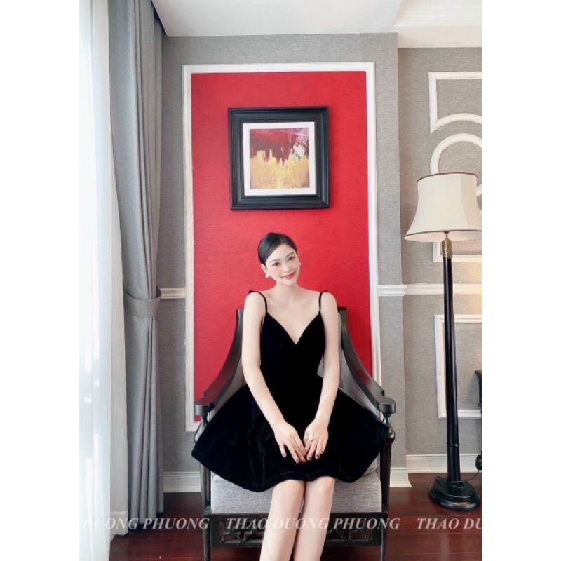 Đầm nhung cứng đỏ đen sang trọng 🔥freeship🔥 đầm nữ dáng xòe 2 dây hở lưng đính ngọc