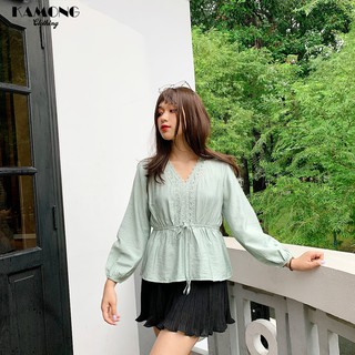 Áo kiểu phối ren rút eo KAMONG A052