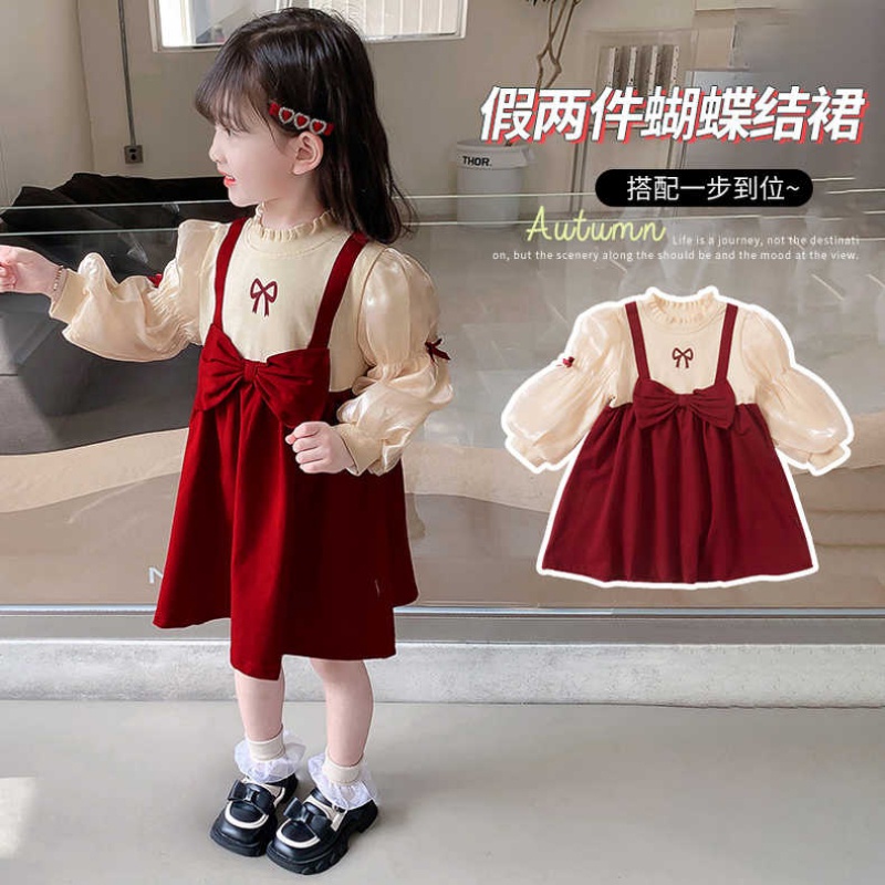 Đầm Công Chúa Giả Hai Lớp Phối Ren Thắt Nơ Xinh Xắn Cho Bé Gái