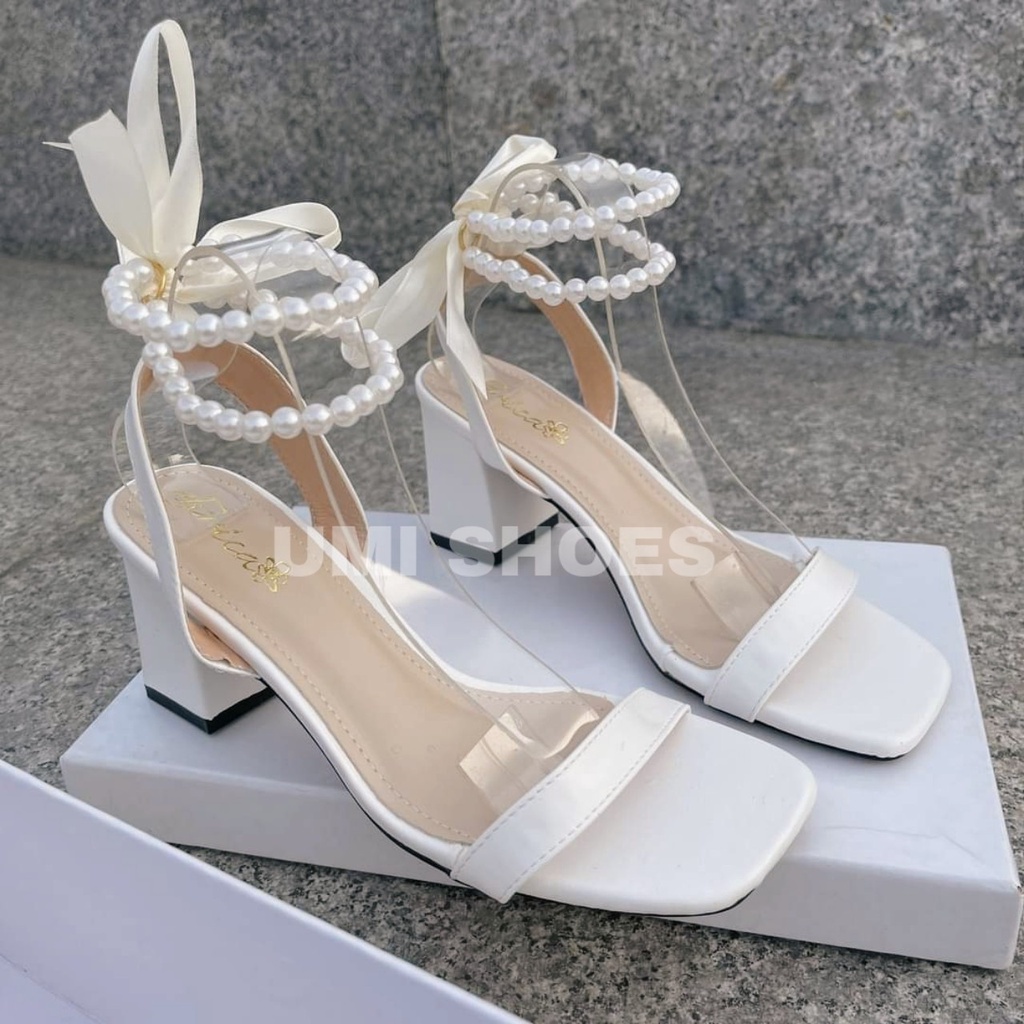 Giày Sandal Cao Gót 7 Phân Nữ Đế Vuông Thắt Cột Nơ Quai Ngọc Châu Soàn Quấn Cổ Chân Siêu Hot Trend Mới Mũi Vuông Đi Chơi