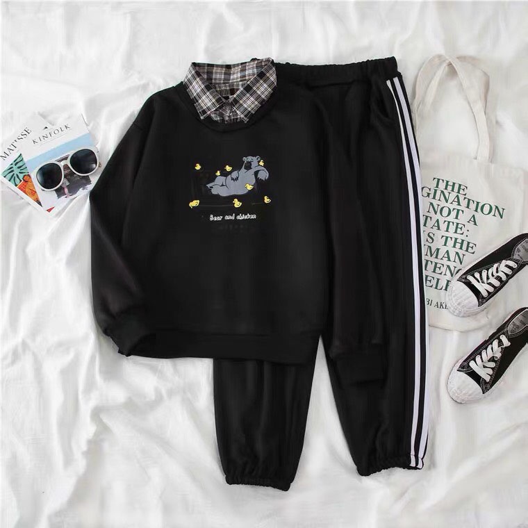 Sét bộ áo nỉ Gấu sofa + quần bo gấu đen (sét 2 món), Áo nỉ Unisex from rộng, thiết kế phong cách, Sét bộ mặc ở nhà - MOD