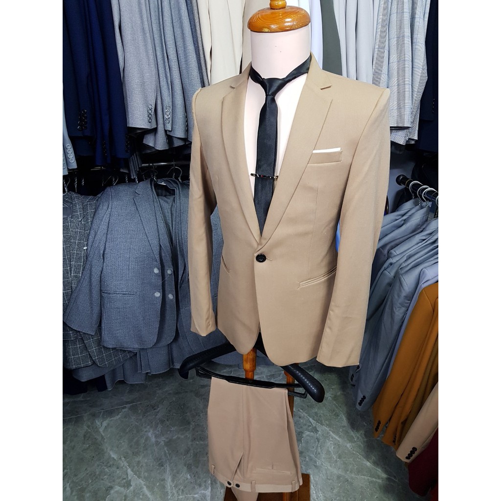 Bộ vest nam form ôm body 1 nút màu cà phê