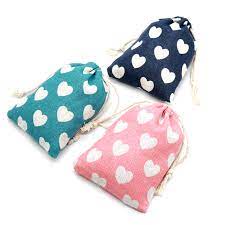 Túi vải canvas xanh dương dây rút 9*12 cm in hình trái tim đựng trang sức, vòng tình yêu, vòng đá phong thủy