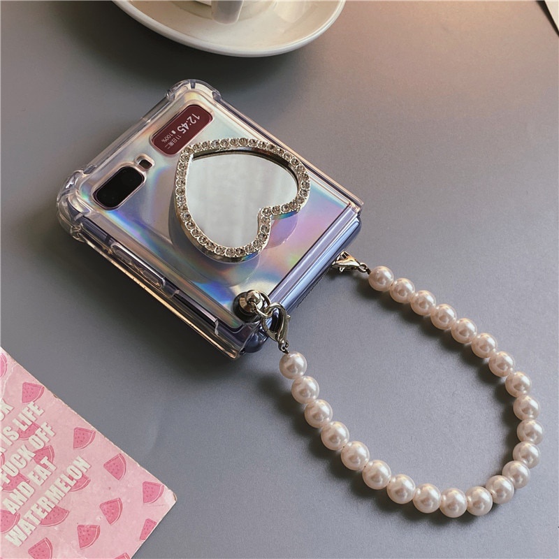 Bao Da Điện Thoại Nắp Gập Mặt Gương Họa Tiết Hình Trái Tim diy Cho samsung galaxy z flip 4g 4 3 flip3 flip4 5g Ốp