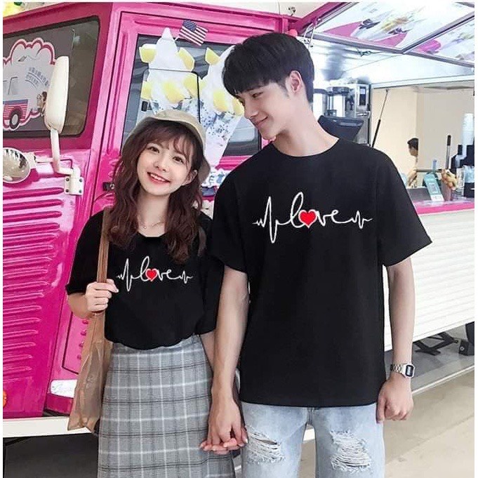 Áo đôi nam nữ, áo thun cặp in hình nhịp tim dễ thương chất cotton thoáng mát