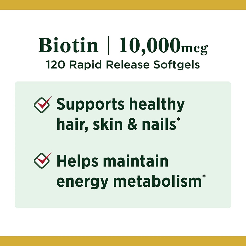 Viên uống Biotin 10000mcg hỗ trợ da, móng, tóc Nature’s Bounty hũ 120 viên