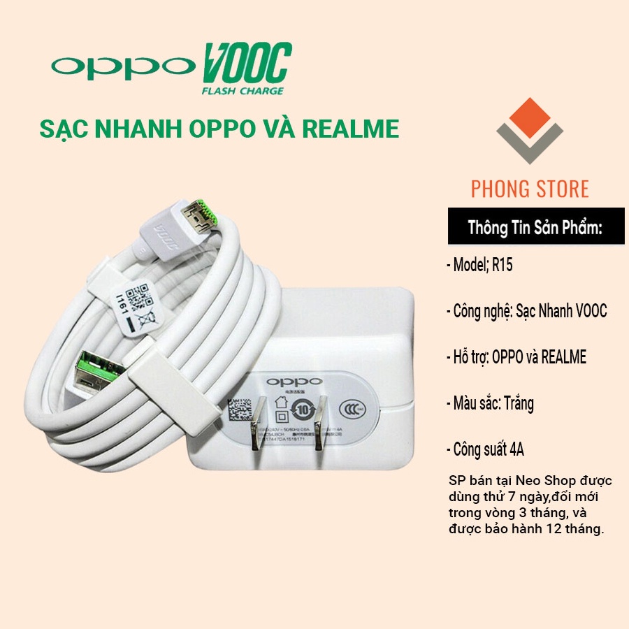 Sạc Oppo, Realme 4A zin, bộ sạc nhanh vooc r15, cáp sạc type c, micro - Phong store